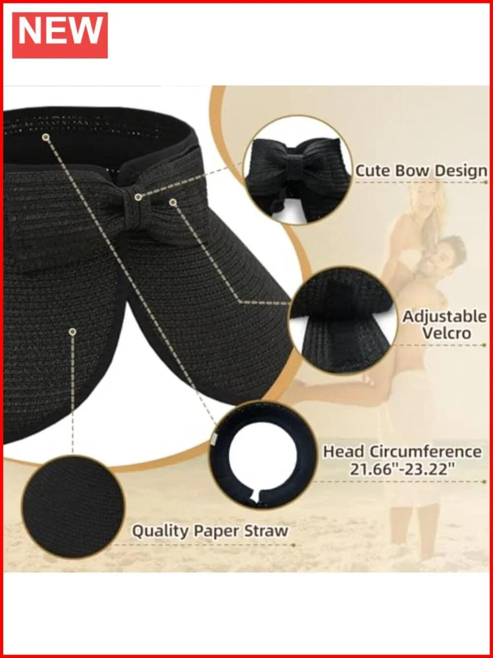 Women Wide Brim Straw Sun Visor Hat UPF 50+ Packable Breathable